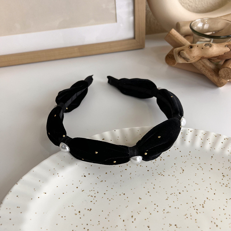 French elegant black hairband, sweet pearl braided hairpin, knitted height-increasing headband, wide-edge hairpin for women pic 47