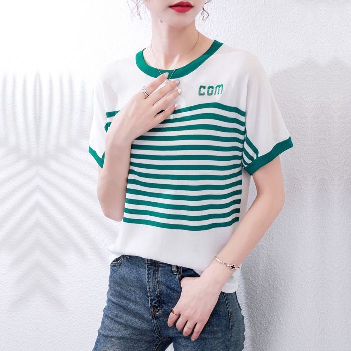 t恤高档夏季女装新款宽松韩版上衣女士针织衫短袖打底衫碎花条纹详情14