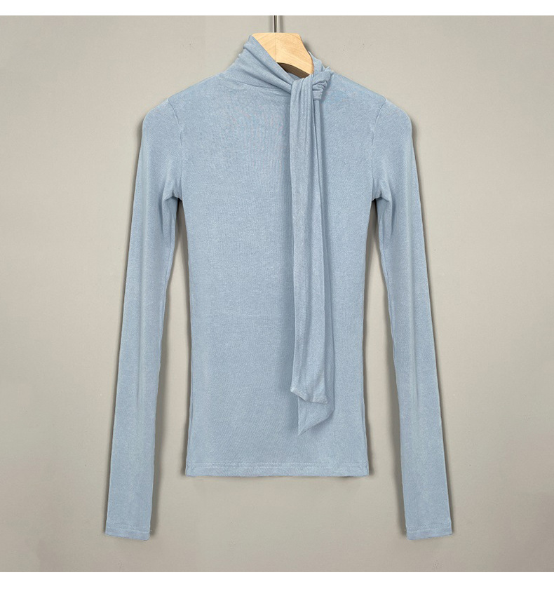 女人味飘带紧身高领长袖T恤女 韩国东大门新款温柔奶油粉女式上衣详情19