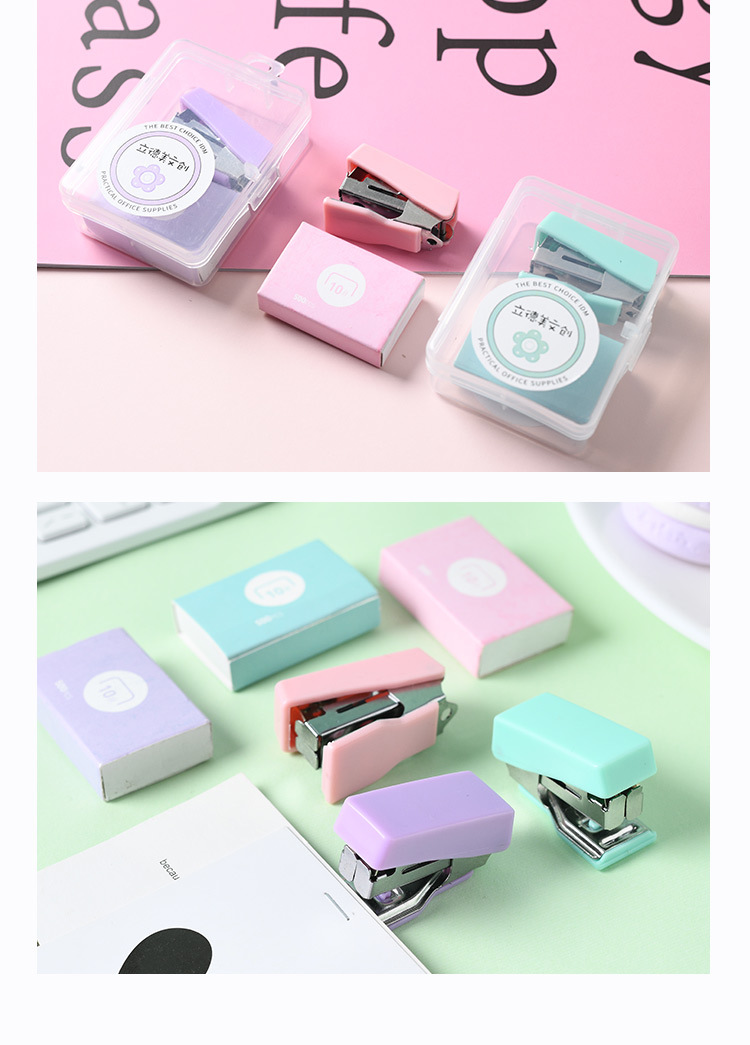 Lidemei Cultural and Creative Fresh Macaron Office Supplies Small Box, Long Tail clip, stapler, Paperclip binding set pic 9