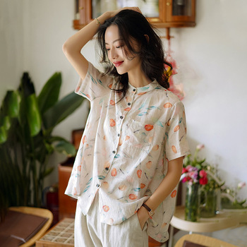 棉麻女装2022夏季新款苎麻印花短袖衬衫女宽松国风复古碎花薄衬衣详情1