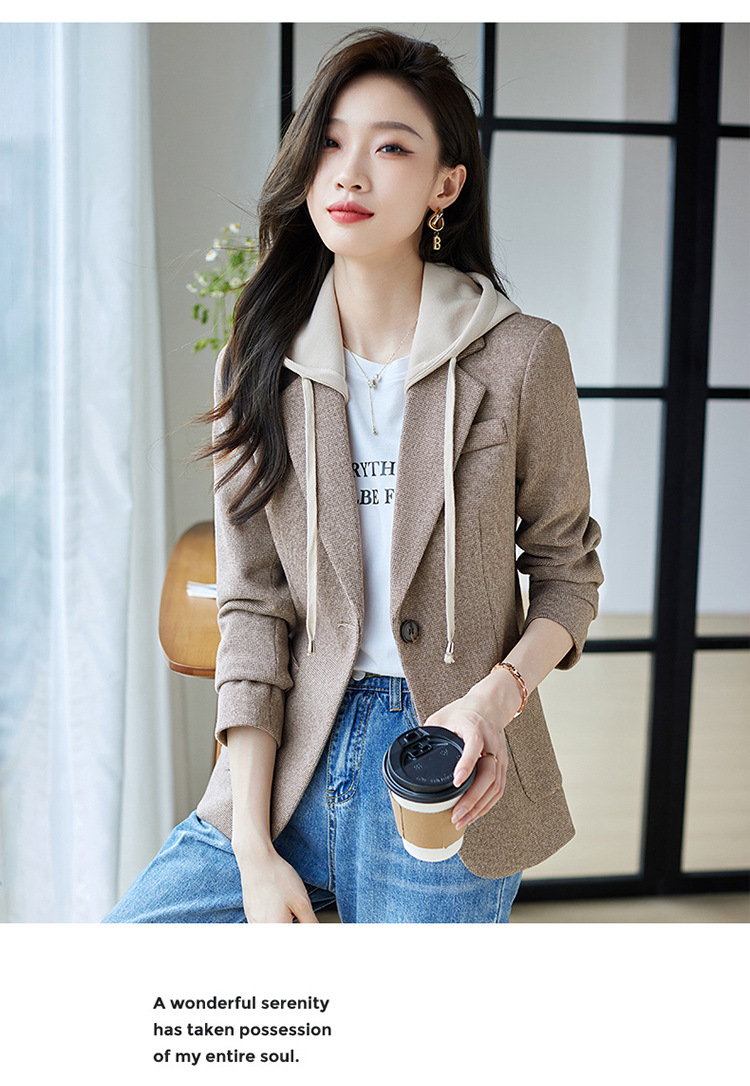 休闲假两件连帽西装外套女式春秋新款韩版高级格纹设计感西服上衣详情18