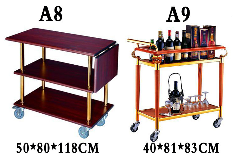 The new titanium gold wooden service dining cart is an oval-shaped beverage cart on the third floor of the hotel, a hand-pushed cleaning cart for the restaurant and guest rooms pic 8
