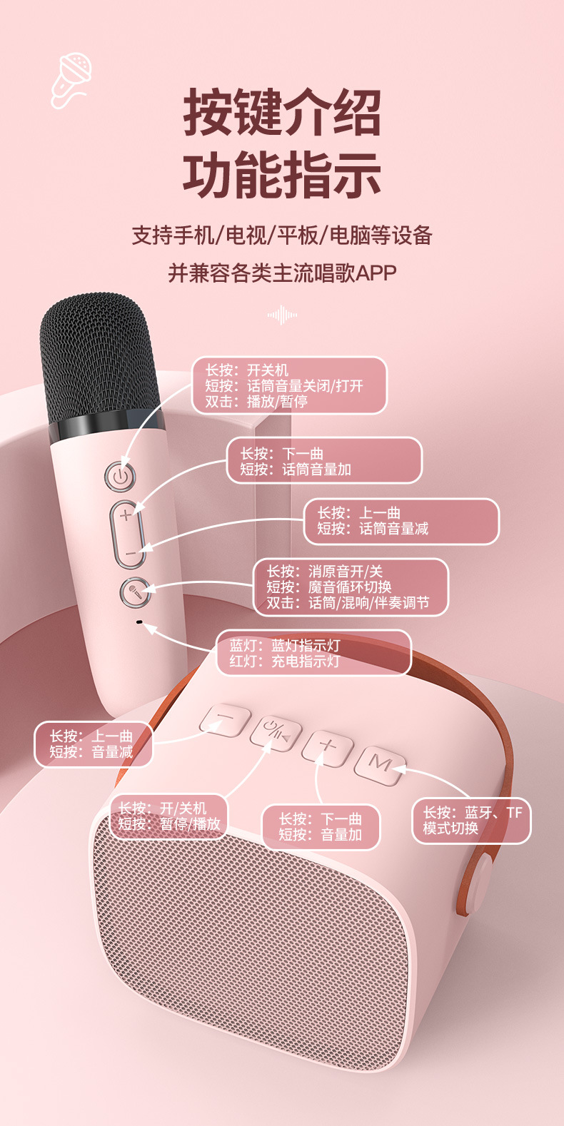 新款K1双麦蓝牙音箱麦克风话筒K歌音响一体组合套装便携户外唱歌详情15