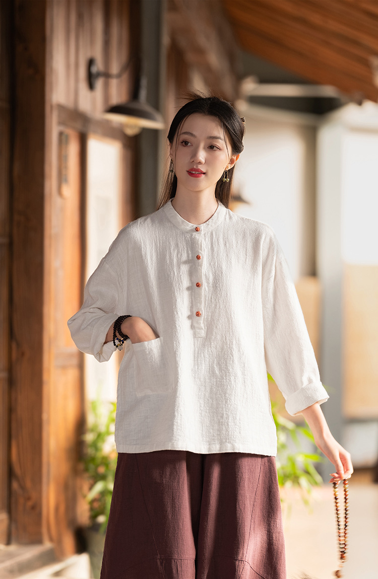 2024春夏棉麻女装新品亚麻立领拼色盘扣套头大码上衣女式棉麻衬衫详情34