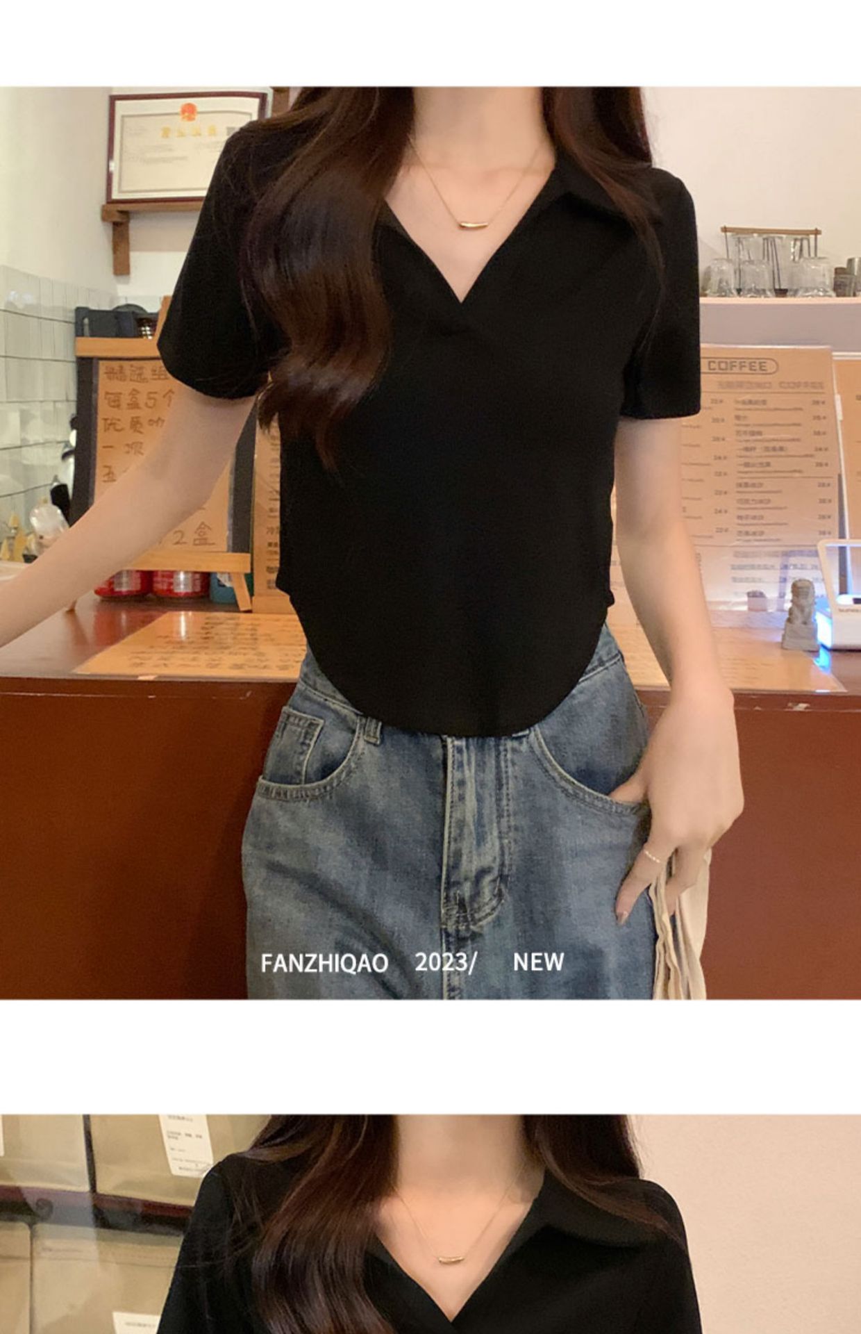 Irregular Polo collar short-sleeved shoulder T-shirt for women, with a unique and pure design sense, tight-fitting innerwear and base layer top pic 11