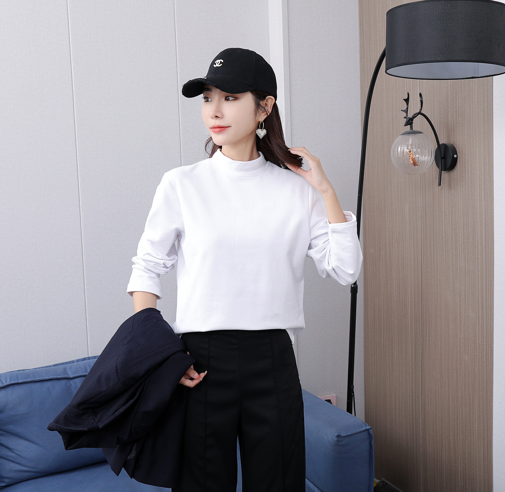 韩版纯棉半高领打底衫女加绒加厚秋冬新款高端修身长袖T恤女上衣详情15