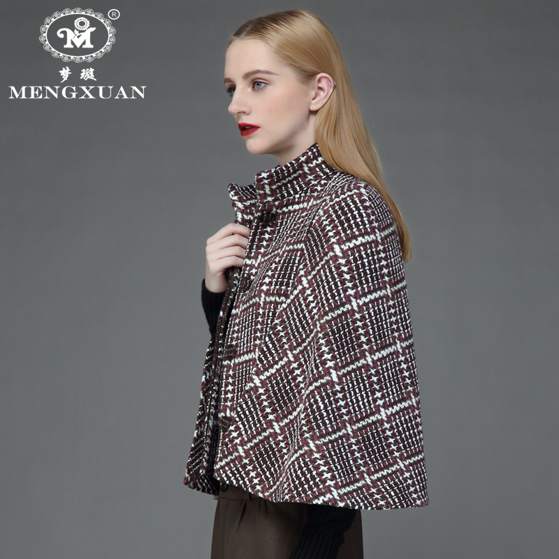 秋冬季羊毛呢子斗篷外套女士短款大衣名媛风衣披肩千鸟格长袖上衣详情14