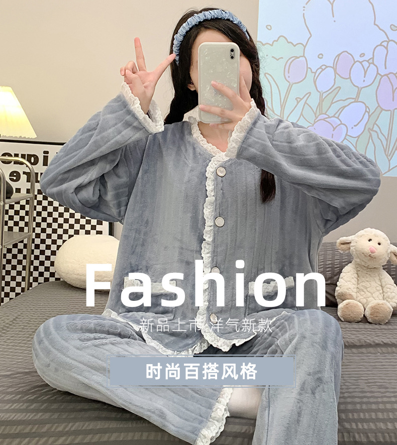 秋冬季女士法兰绒睡衣女冬款长袖加厚加绒可爱女生家居服套装详情36
