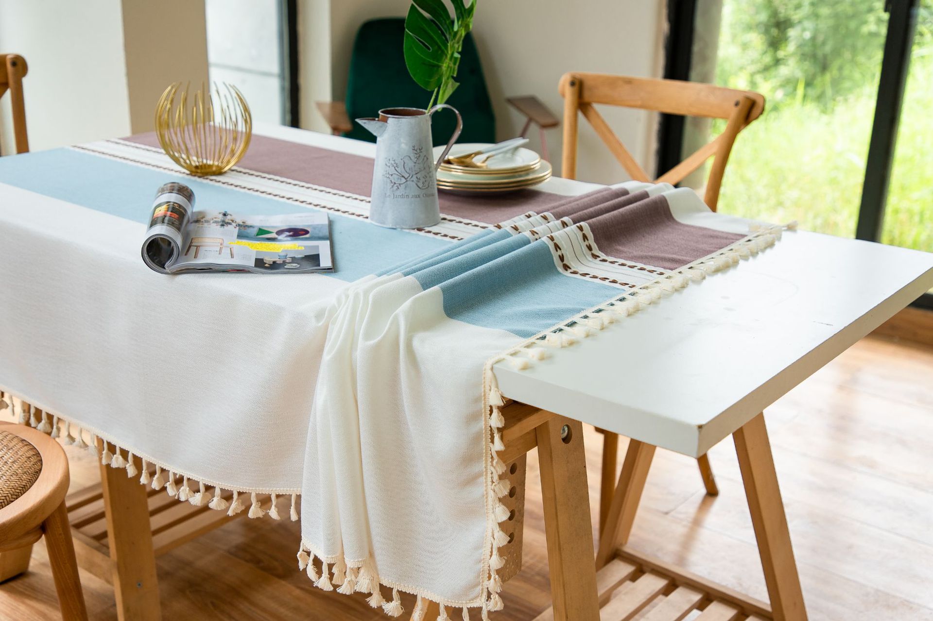 Cross-border Japanese color-blocking and color-blocking embroidered tassel tablecloths, kitchen, dining room, party, family table cover decoration, cotton and linen pic 19