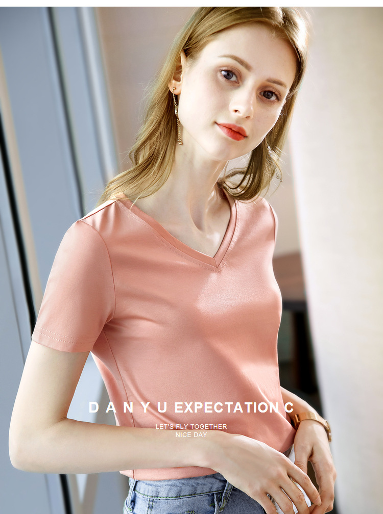 冰感丝光棉短袖t恤女2024新款女装气质v领纯棉体恤纯色高级感上衣详情31
