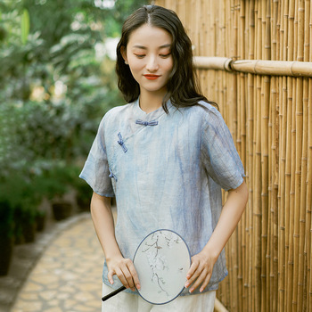 棉麻女装2022夏季新款苎麻印花短袖衬衫女宽松国风复古碎花薄衬衣详情6