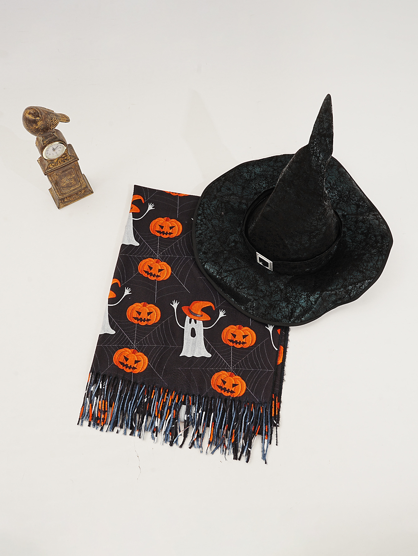 New faux cashmere black Halloween ghost pumpkin digital print scarf Magic Awakening Wizard hat set pic 11