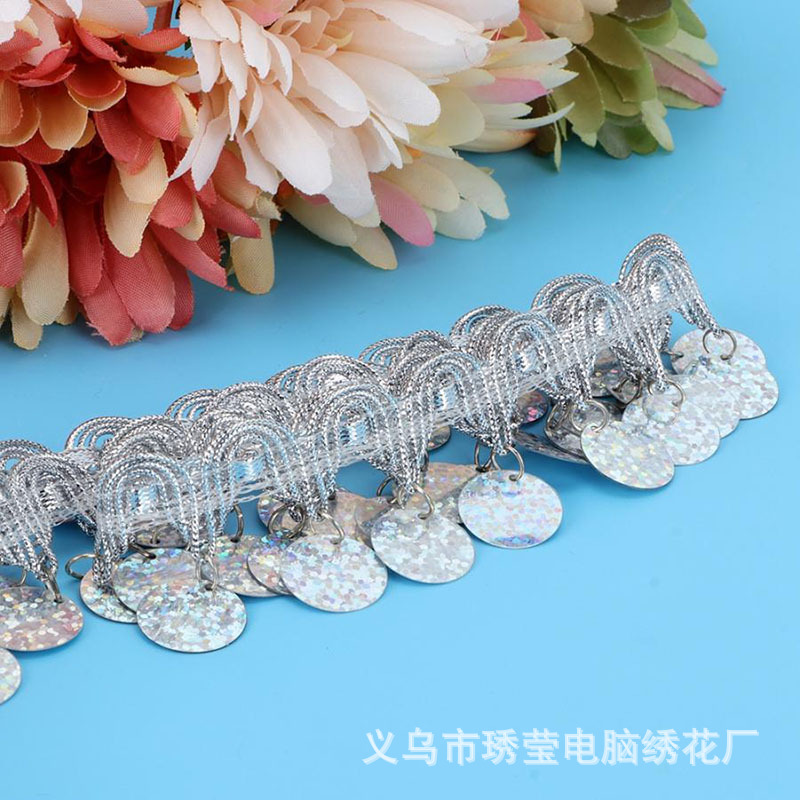 In stock: 3cm laser sequin lace, golden tassel lace, dance costume and accessory lace pic 12