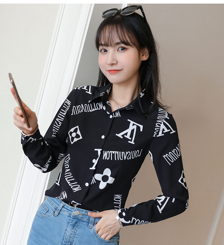 New spring and autumn Korean-style slim-fit shirt for women, long-sleeved printed striped trendy base layer, Hong Kong-style top for women pic 53