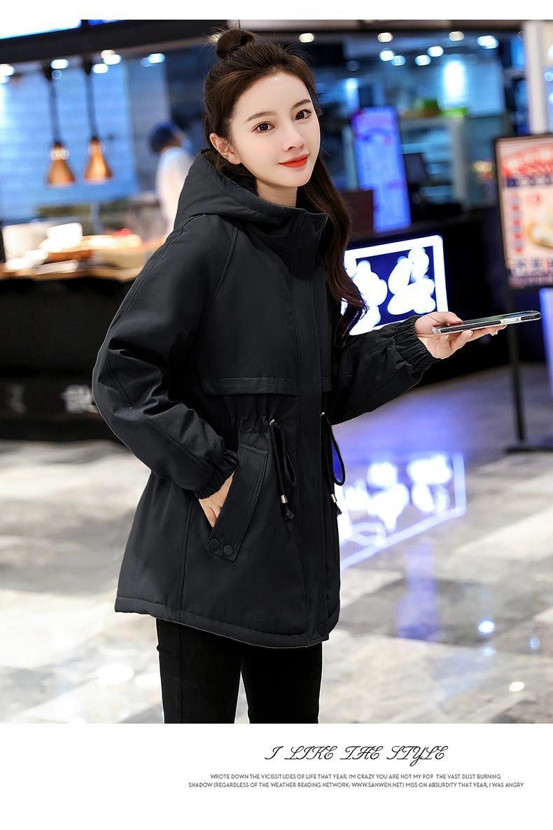 加绒加厚中长款风衣女2022新款韩版百搭小个子宽松连帽棉服外套女详情27