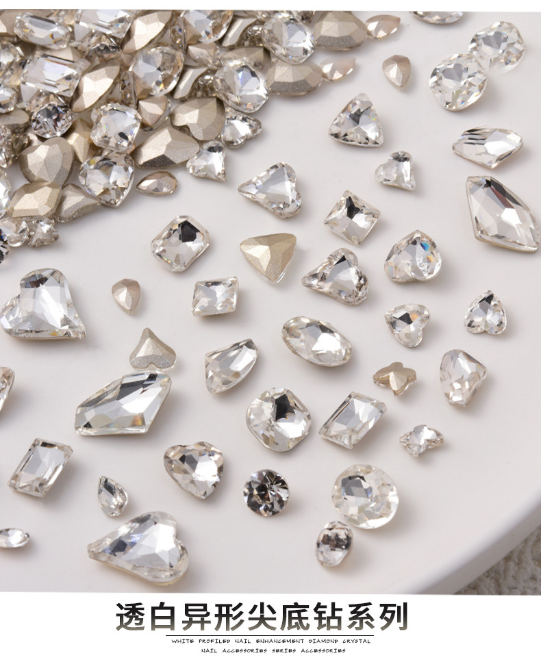Wholesale nail accessories: transparent pointed bottom diamond, super shiny, large crooked heart, axe, water drop, fat square butterfly, white diamond nail accessories pic 2