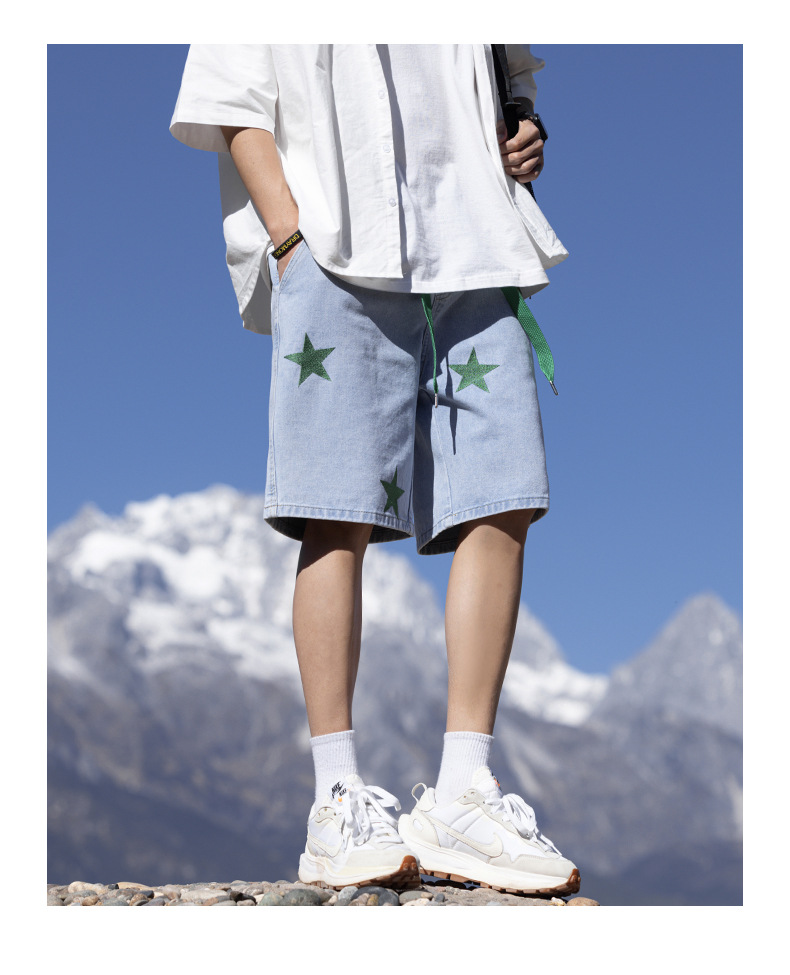 2024夏季新款牛仔短裤男浅蓝色松紧腰休闲裤潮牌百搭学生运动裤子详情19