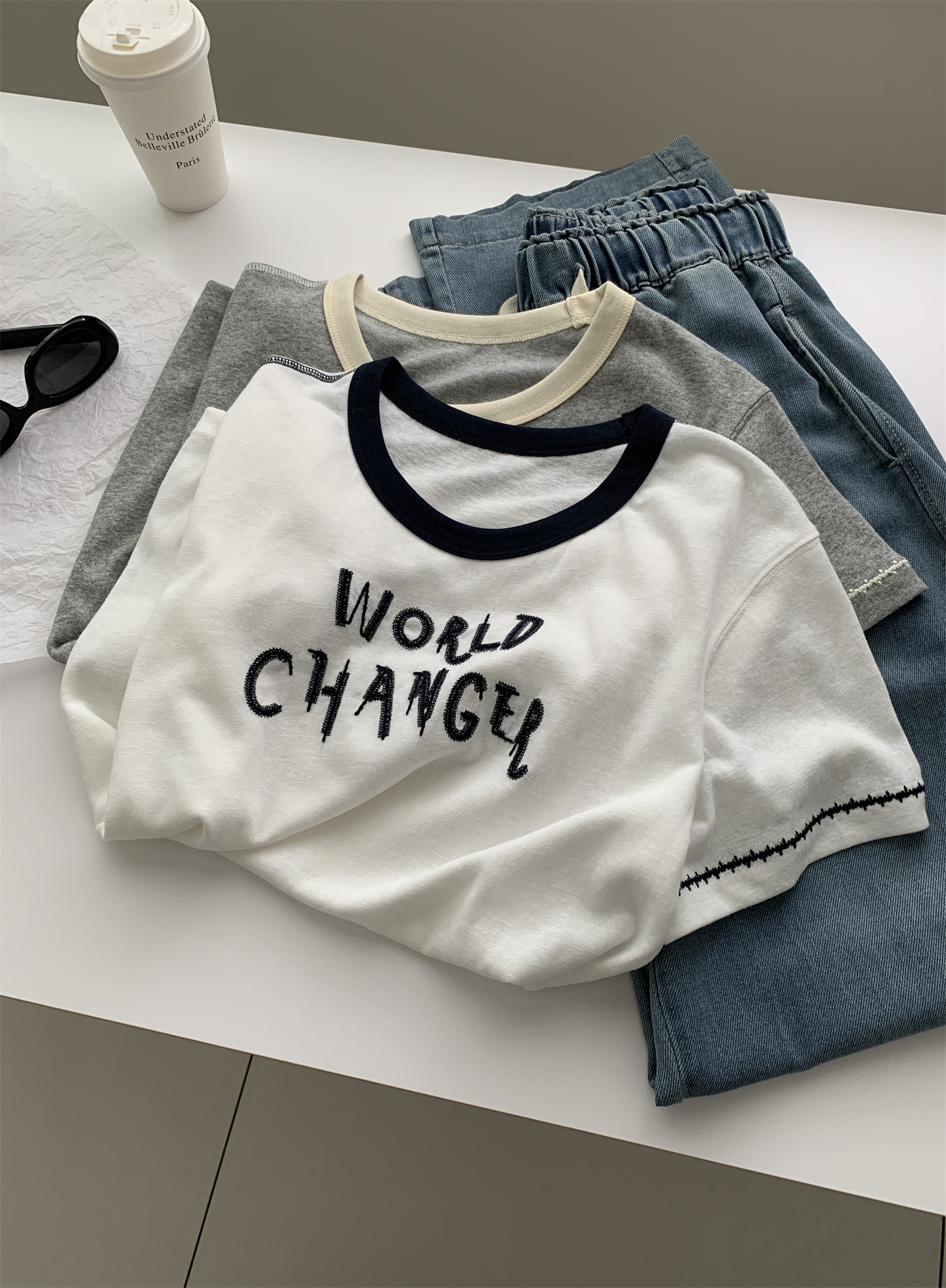 Summer thin, breathable snowflake cotton letter-shaped T-shirt for women, color-blocking round-neck lace embroidered loose short-sleeved top pic 9
