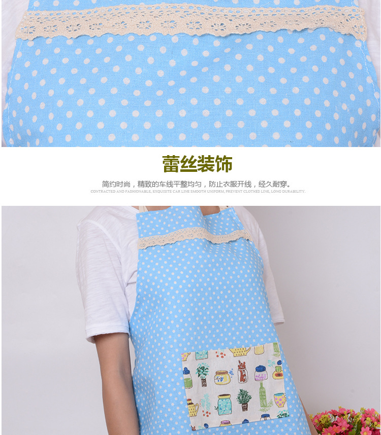 凡趣 圆点蕾丝棉麻围裙 时尚波点挂脖系带无袖居家围裙批发详情6