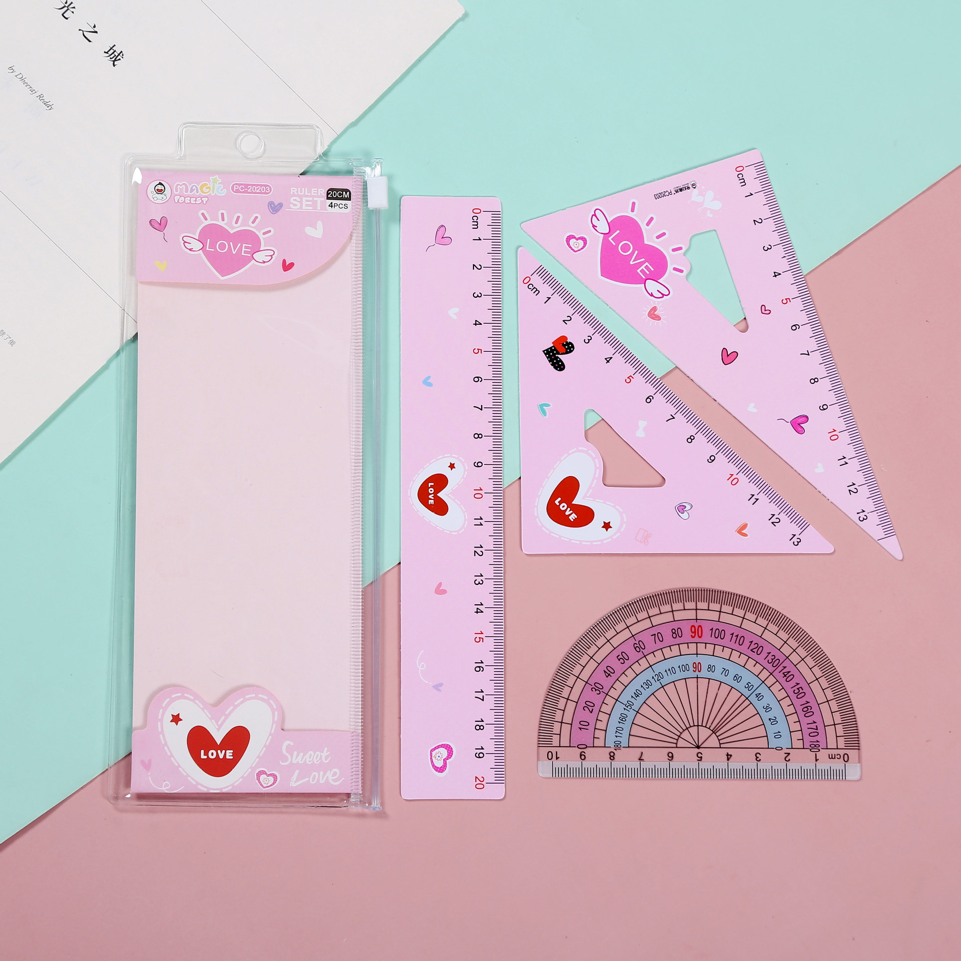 Student ruler set Cartoon Heart 20cm straight ruler and protractor set 4-piece custom set pic 12
