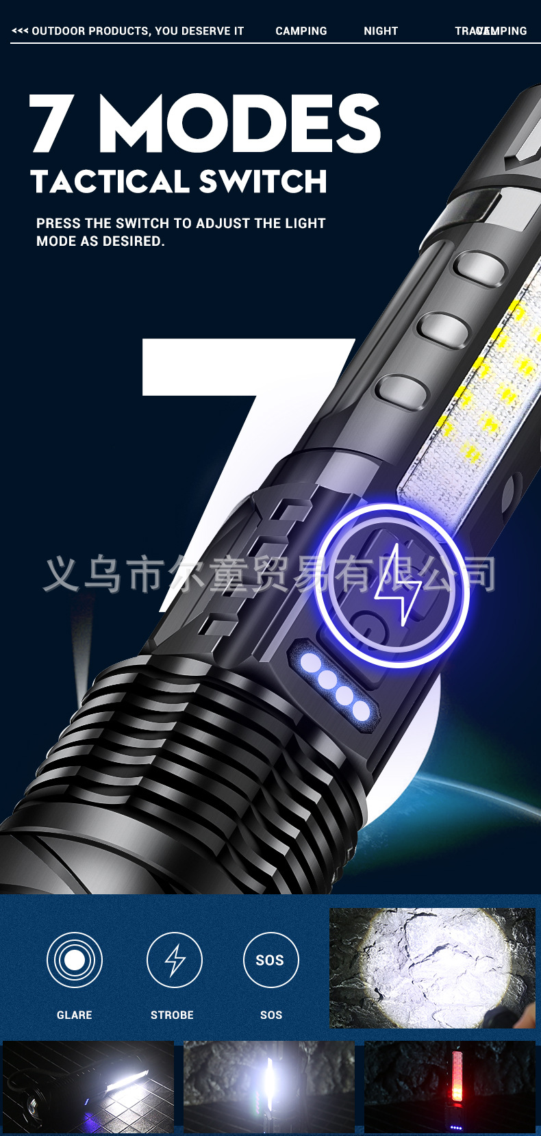 New white laser flashlight with telescopic zoom, USB charging, power display, outdoor lighting, COB side light and strong light pic 7