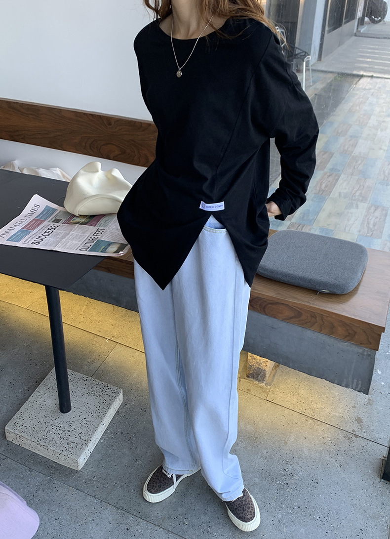 黄峥简约贴标开叉长袖T恤女2022春韩版宽松休闲设计感上衣T85396详情42