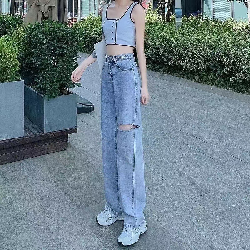 2022 Summer new style denim long pants for women, Korean high-waisted, slimming, floor-length wide-leg pants, wholesale from foreign trade street stalls pic 3