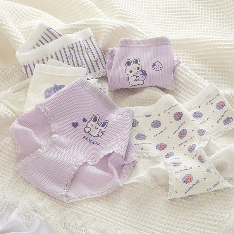 Tingweiya Japanese-style cute purple girl cartoon rabbit threaded cotton strawberry girl student mid-waist underwear for girls pic 35