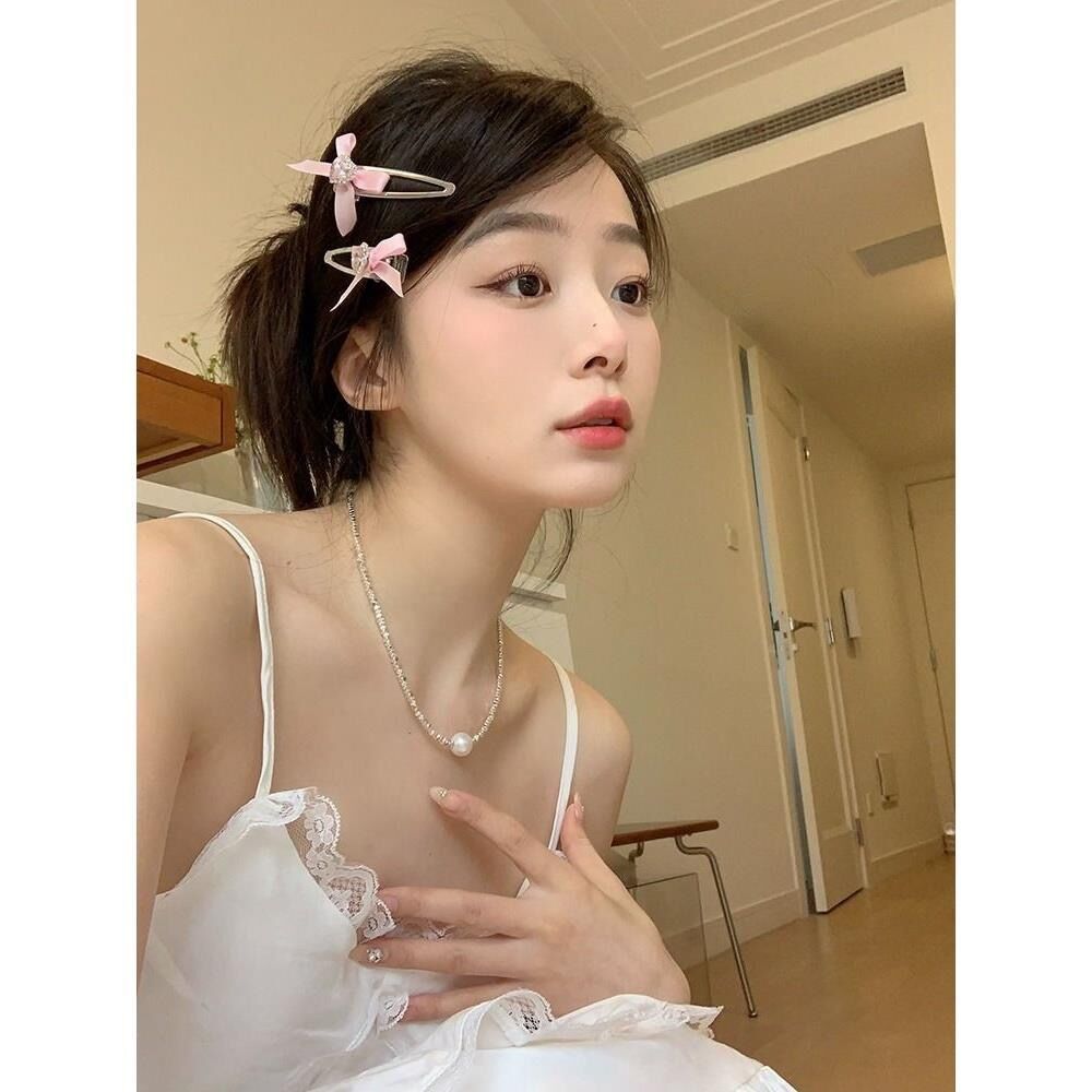 y2k Girl Heart Heart water Diamond pink bow hair clip, female bangs side hair clip, sweet duckbill hair accessory pic 6