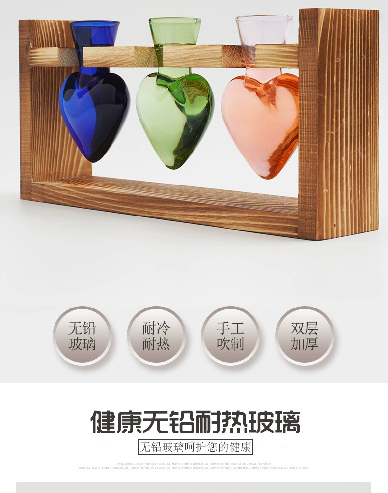 跨境创意木架水培花瓶彩色心形透明玻璃花瓶容器家居装饰插花摆件详情3