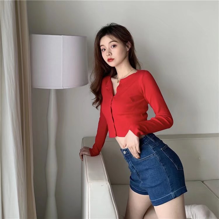 Wholesale of slim Hyuna style versatile rolled-up hot pants for women, high-waisted, light-colored tight denim shorts pic 59