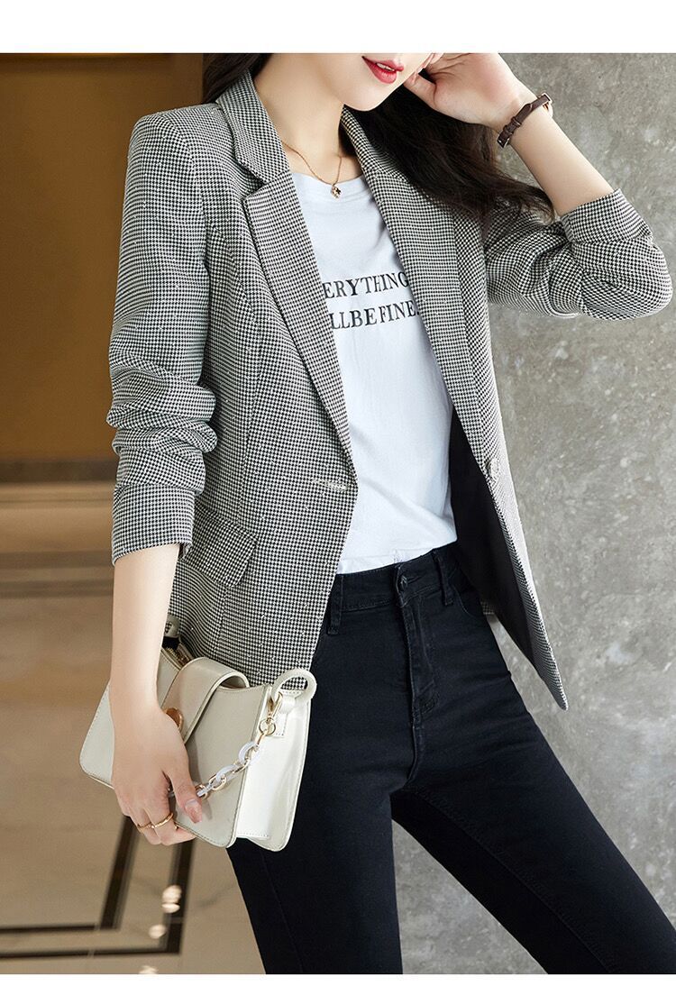 格子西装外套女士2022春秋新款时尚气质高级感闪钻小个子休闲西服详情11