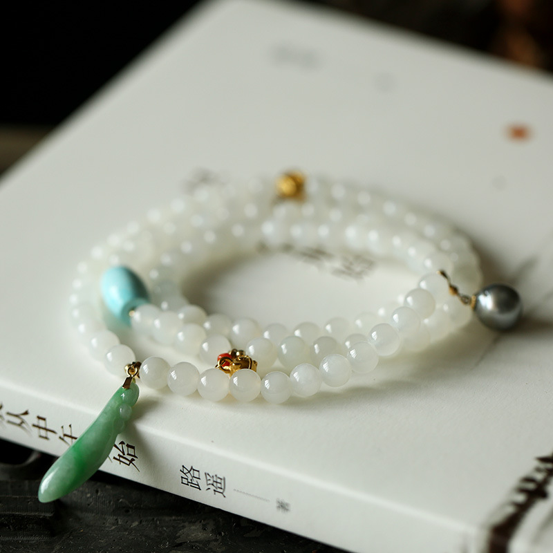 999 999 999 999 999 999 pure gold bell gold coin, natural Hetian jade, three-circle bracelet, jade black pearl, 18K gold diy for women pic 8