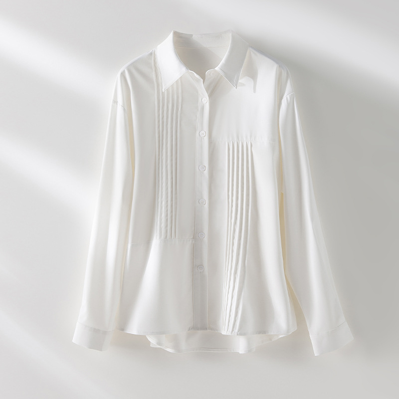 秋季女士纯色衬衫Polo领日系设计感上衣新款宽松复古百搭衬衣开衫详情3