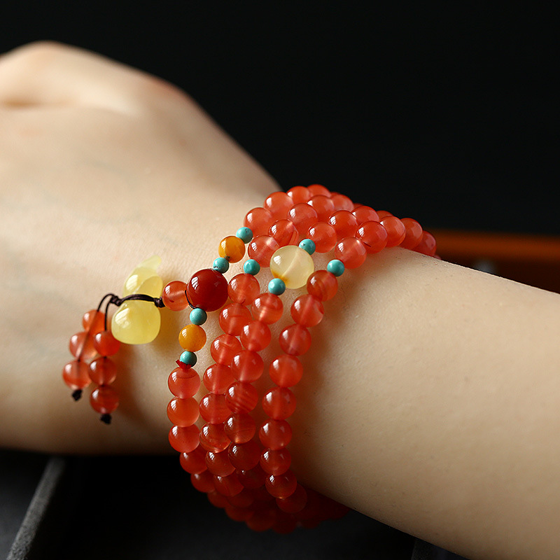 DIY original Liangshan Nanhong agate bracelet, natural cherry red bracelet, hanging beeswax gourd, circling 4 times, good luck for women pic 10