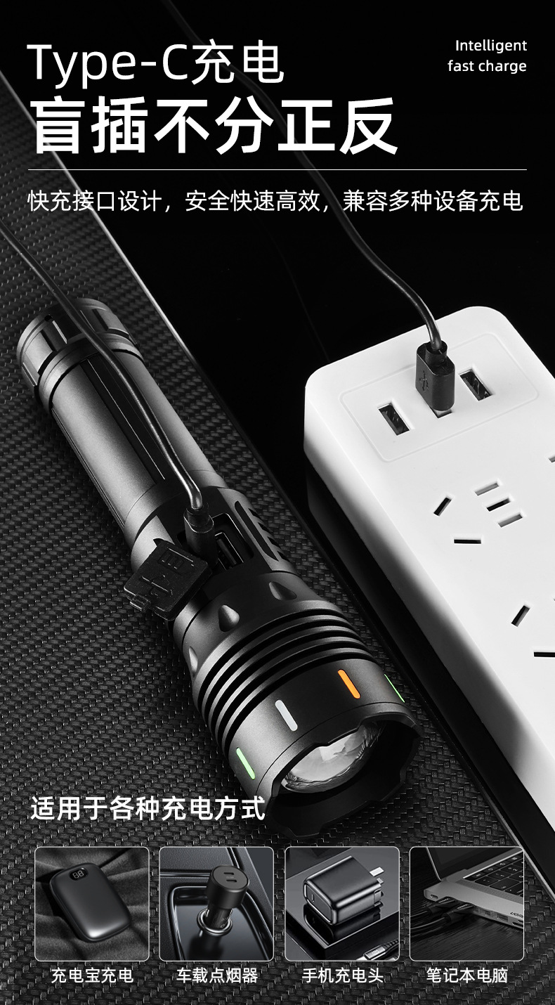 新款荧光强光照明铝合金手电筒白激光灯泡户外探险USB-C充电详情11