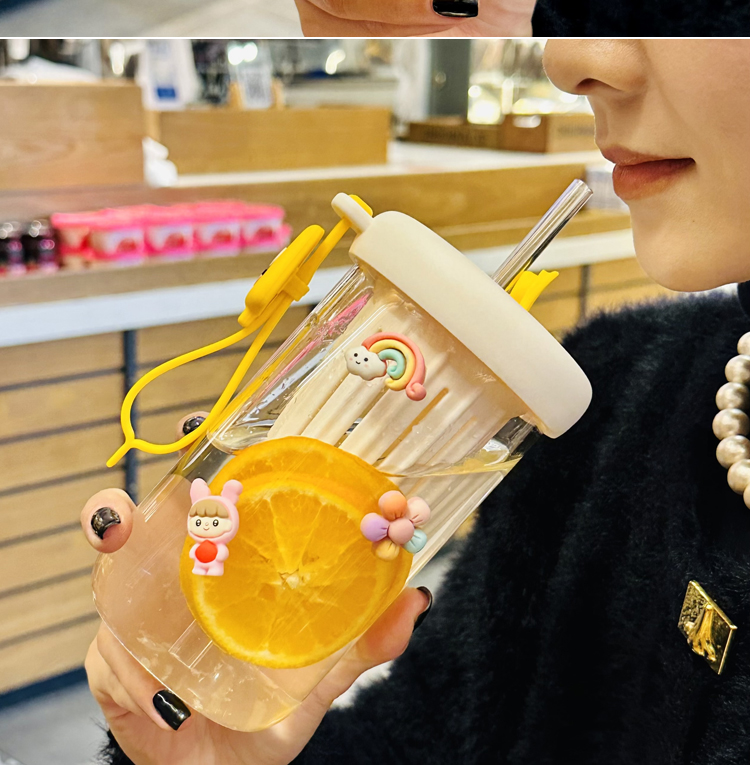 夏季新款高硼硅玻璃杯茶水分离柠檬杯可爱风水杯女生便携吸管杯子详情10
