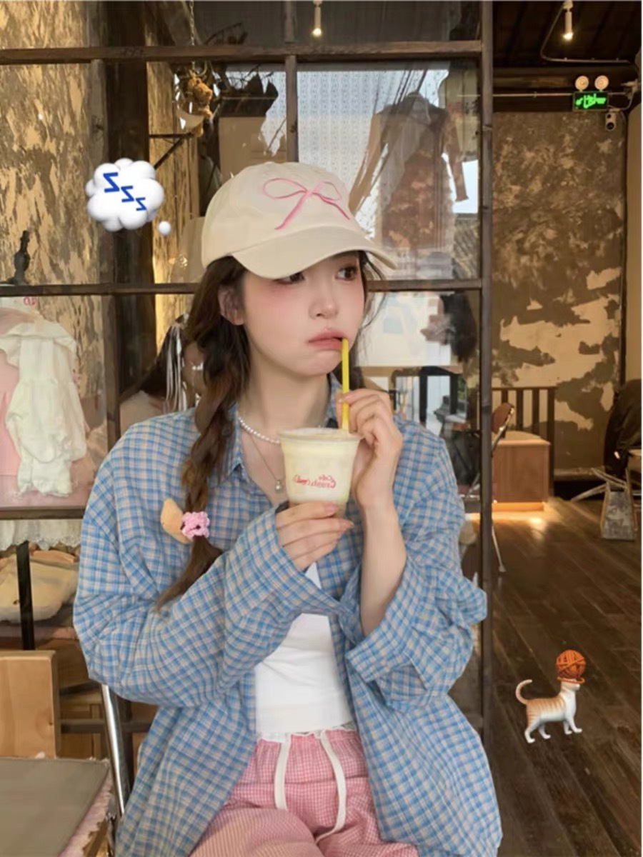 Blue checkered shirt top for women, 2024 new autumn style, light and laid-back casual loose shirt, sun-protective jacket pic 7