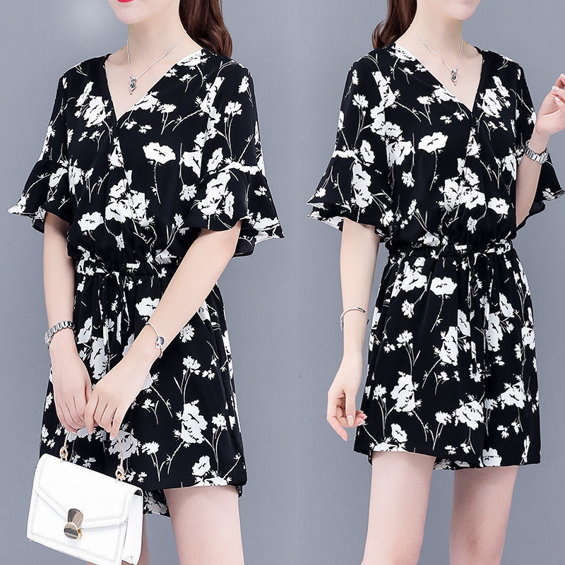 夏季套装女式潮流时尚连衣裙短裤两件套碎花雪纺显瘦遮肉薄款套装详情9