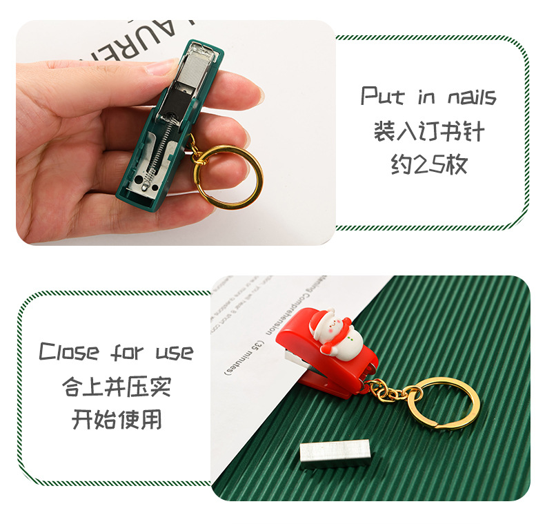 Christmas cute cartoon mini stapler, student small stapler with keychain, Christmas small gift binding machine pic 44