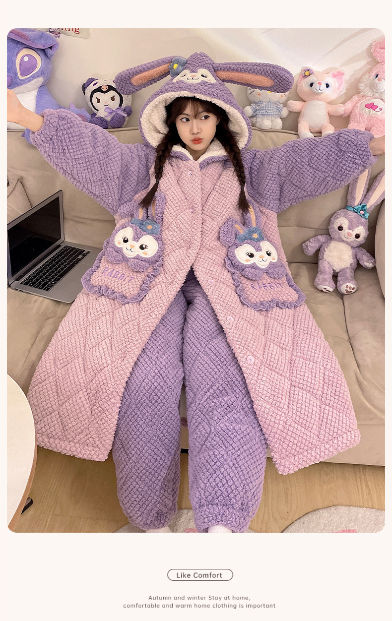 睡衣女士冬季三层加厚超厚夹棉珊瑚绒加绒法兰绒家居服秋冬款冬天详情18