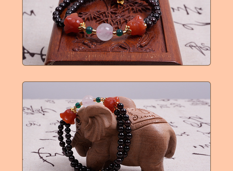 彩色醒狮铃铛莲花手串玉石带玛瑙莲花吊坠手链双层串珠弹力手链女详情8