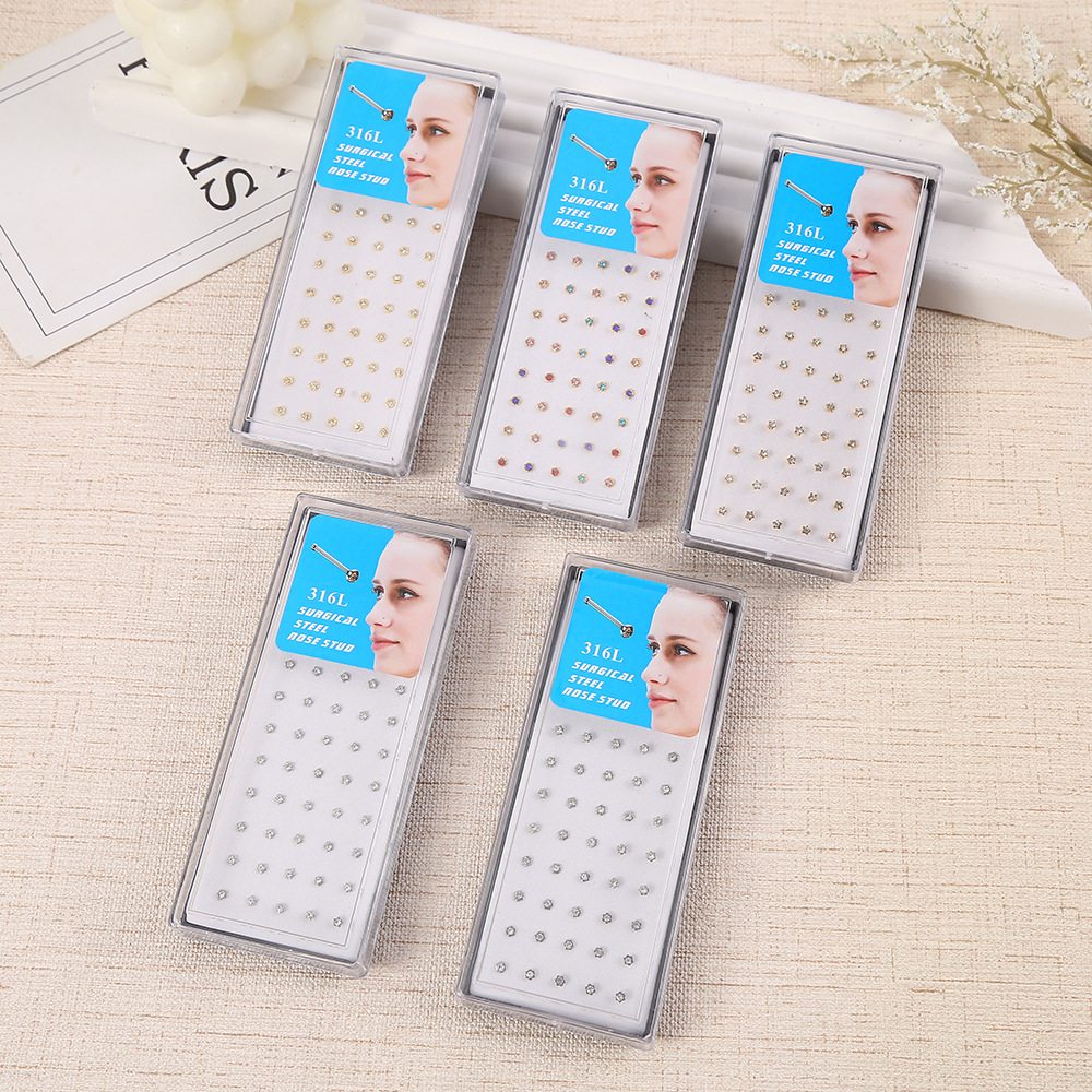 Cross-border stainless steel nose stud, straight rod, diamond-encrusted, gold and silver, colorful five-star plum blossom box, nose ring Type I, wearing pungent jewelry pic 4