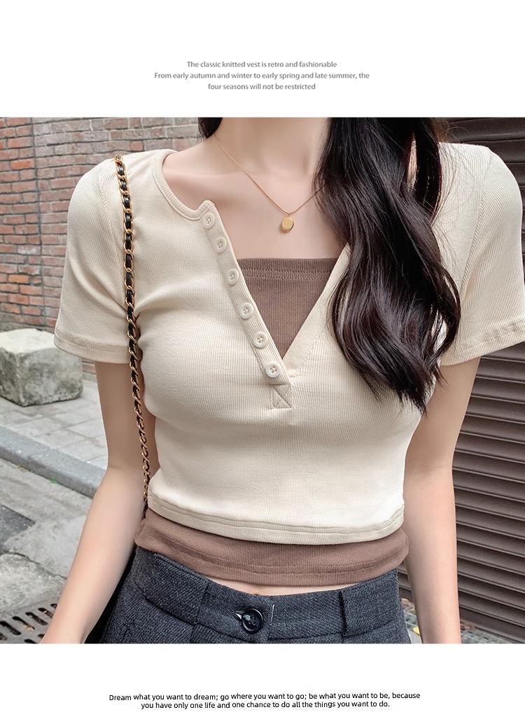 Pink V-neck off-the-shoulder T-shirt for women, short sleeve, new spring and summer style, two-piece design, slim and short, pure and sensual pic 22