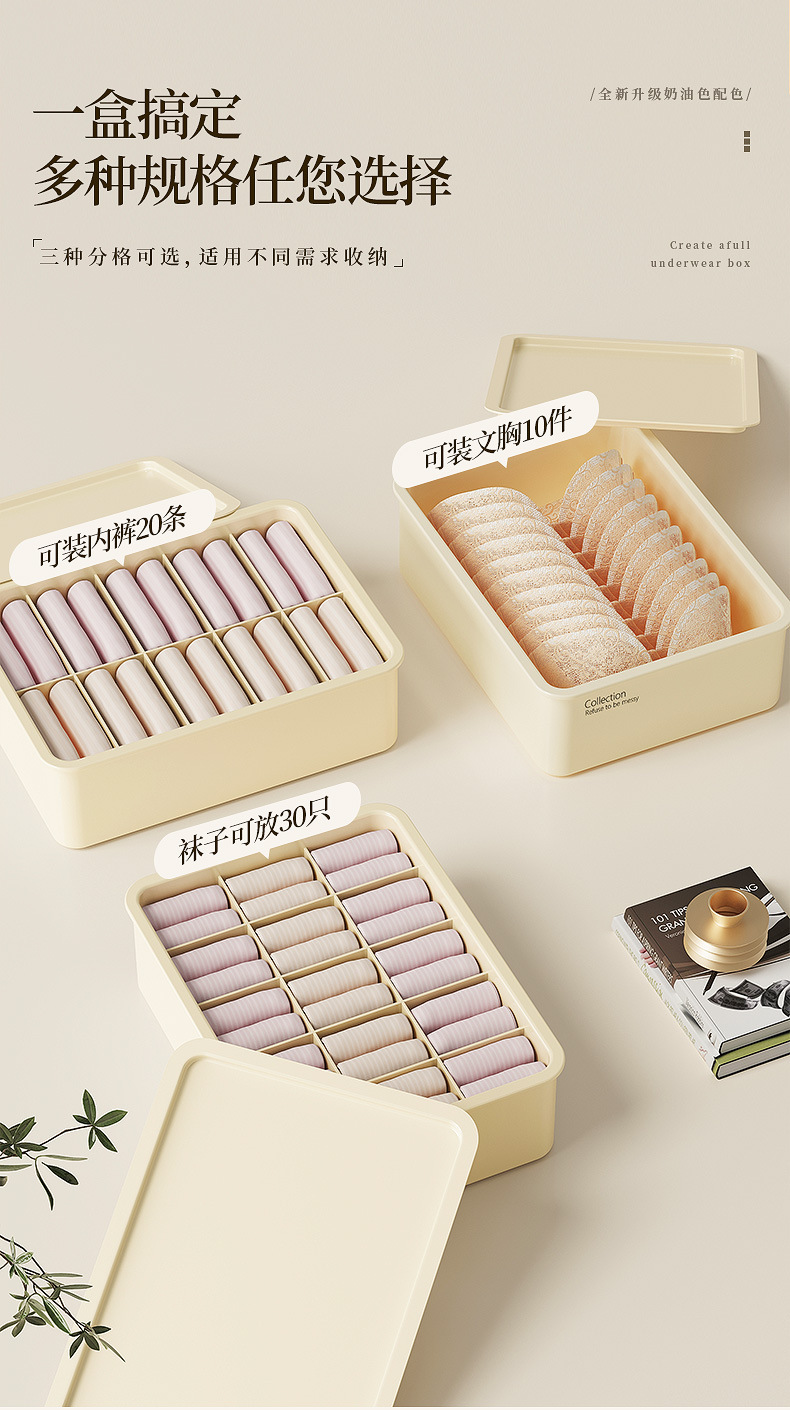 奶油风内衣内裤收纳盒家用装袜子神器衣柜三合一整理箱贴身衣物盒详情5