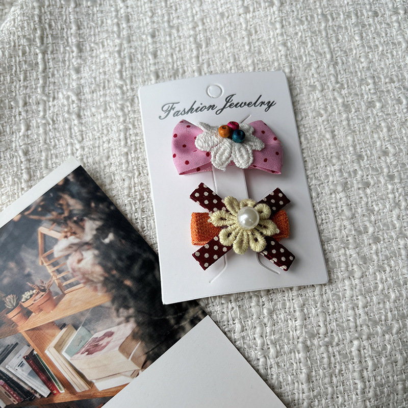 韩版卡装边夹蕾丝布艺蝴蝶结发夹少女儿童发饰可爱波点发夹刘海夹详情6