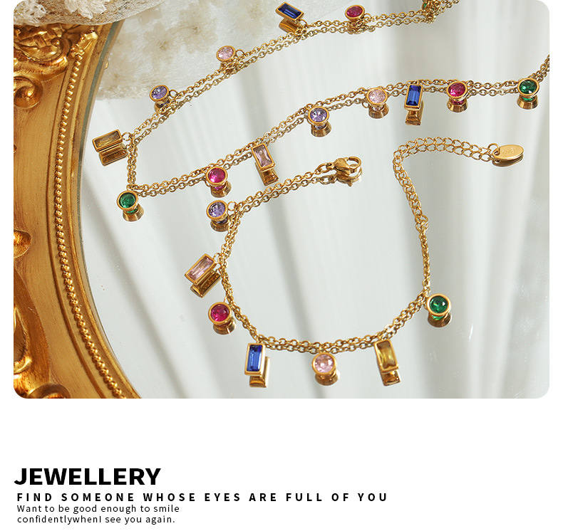 Non-fading light luxury ins style multi-color zircon jewelry set, tassel necklace, niche design titanium steel bracelet pic 22