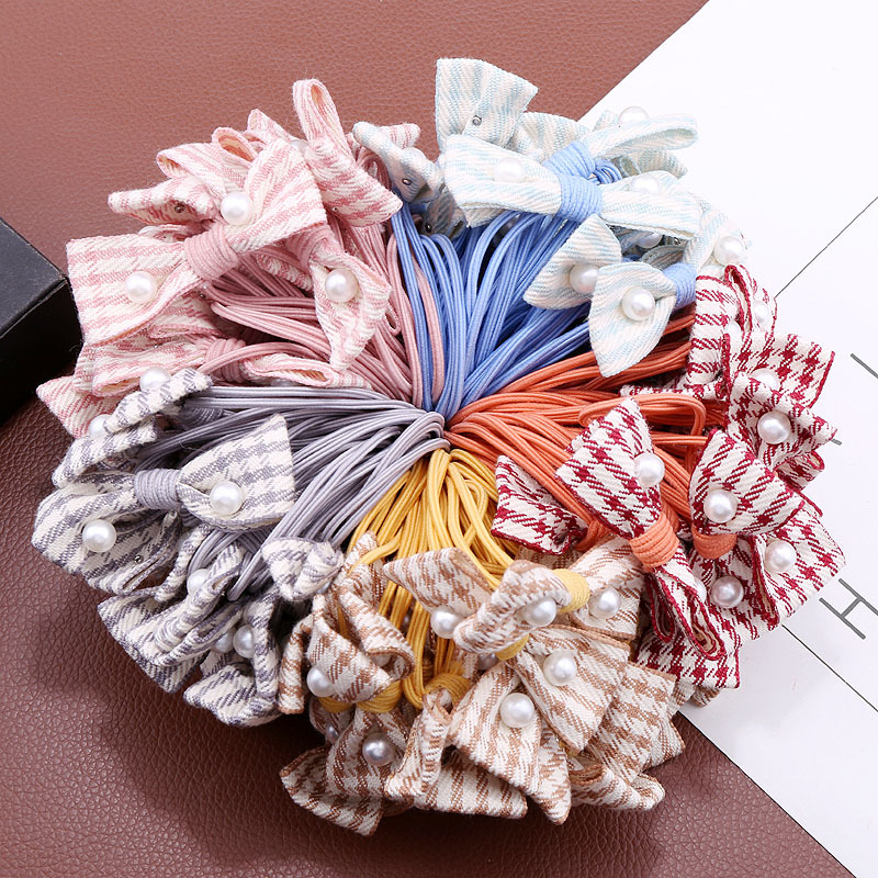 Korean-style pearl fabric checkered bow hair band leather band fresh leather band macaron fresh hair band head accessory pic 3