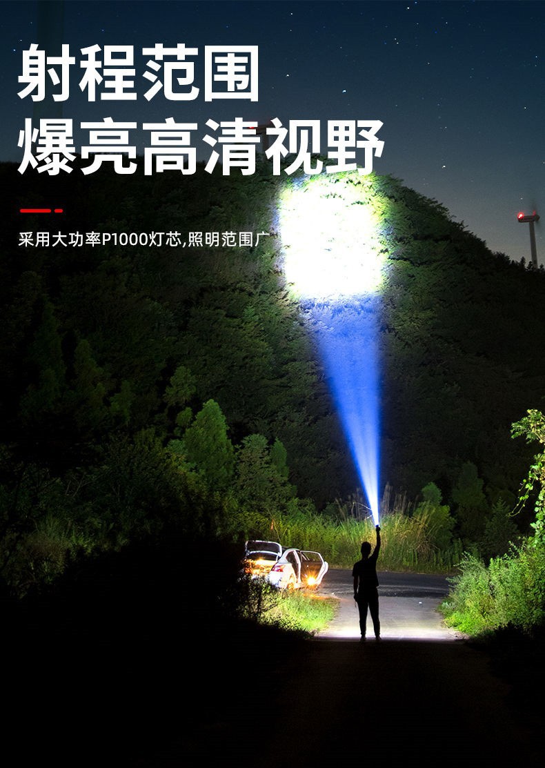 新款跨境四头强光手电COB侧灯便携式手电筒USB充电聚光远射电筒详情7